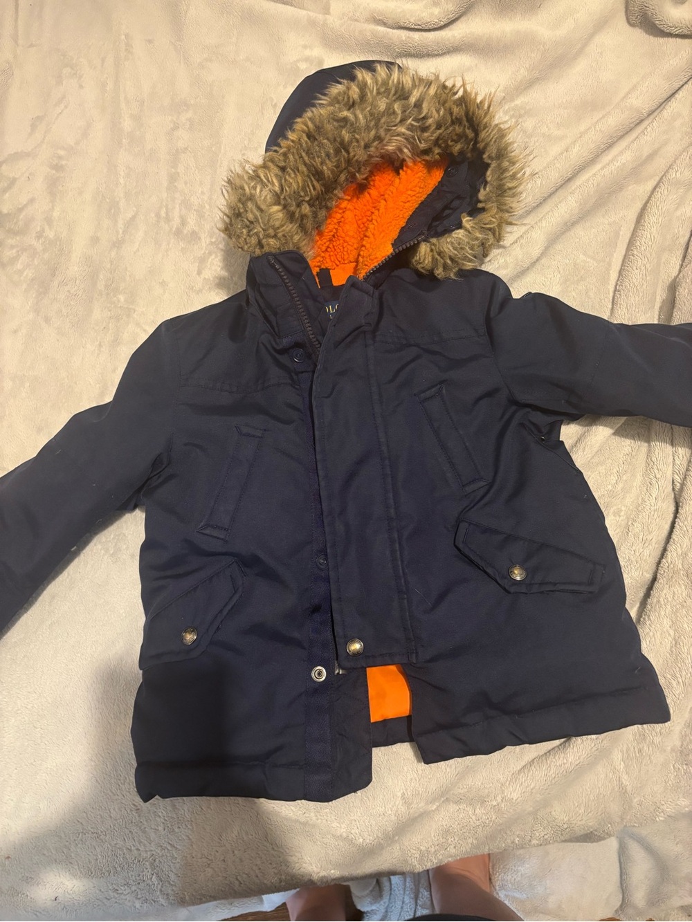 Kids Navy Hooded Winter Coat with Faux-Fur Trim